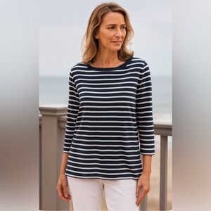 Chico's Navy Nautical Striped Long Sleeve Stretch Cotton Tee Women’s Size Medium